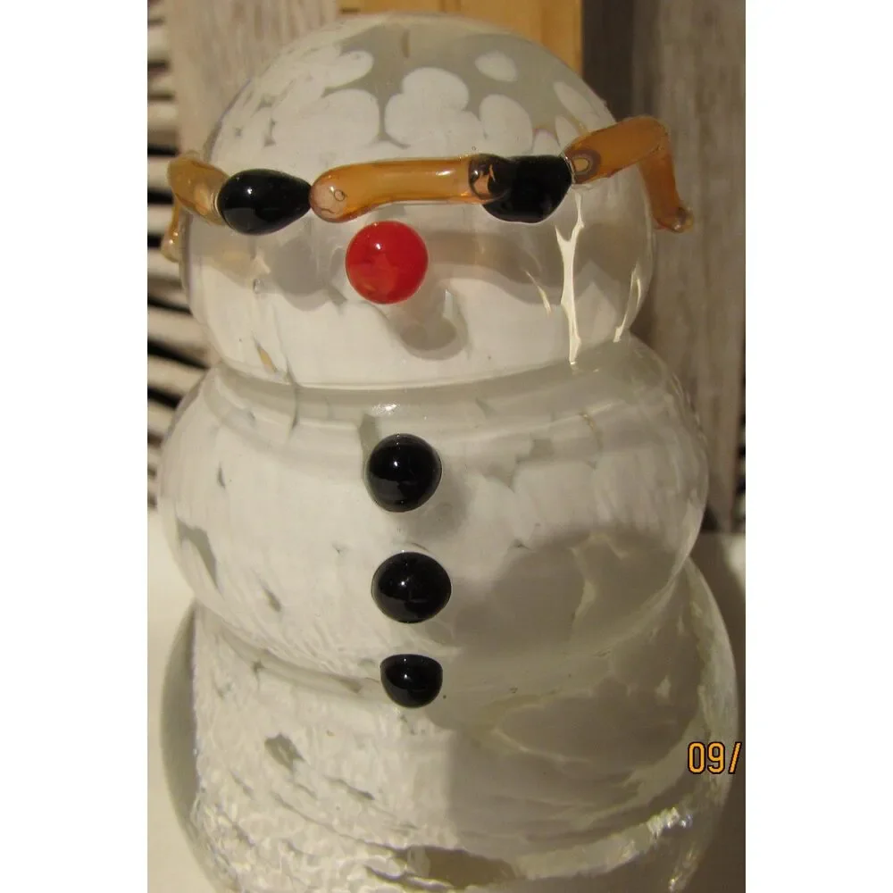 Glass paper weight snowman with glasses signed winter Christmas applied glass